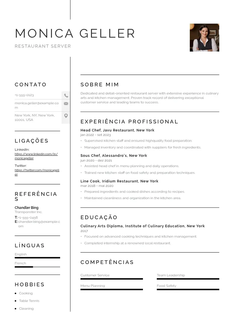 Exemplo de currículo simples de De servidor de restaurante