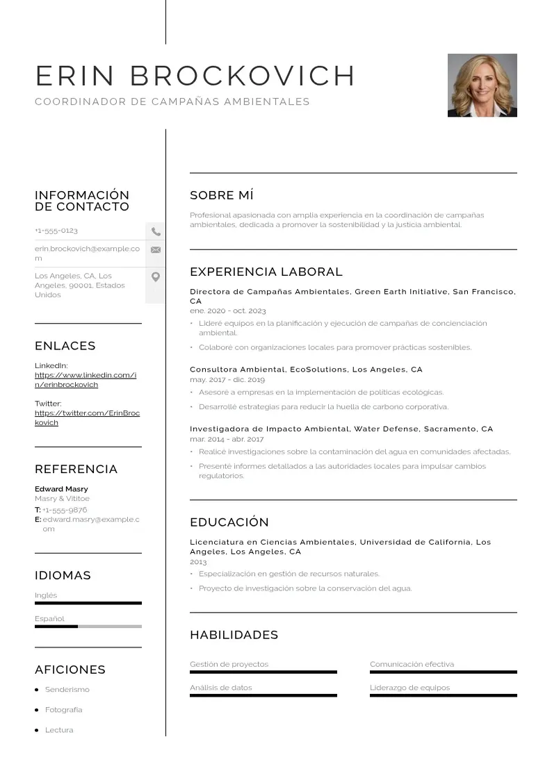 two column coordinador-de-campanas-ambientales resume example