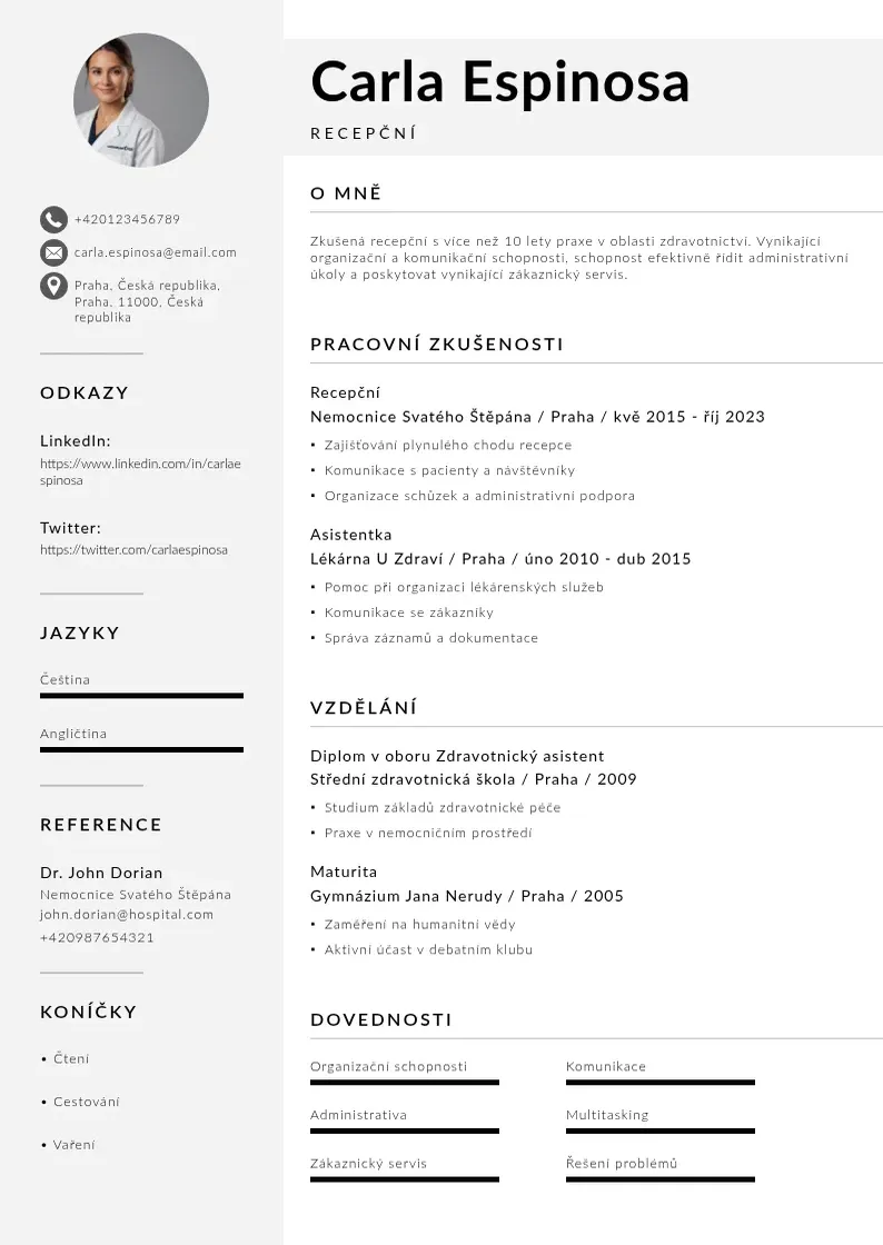 Mūsdienīga Recepcni na recepci zivotopis CV veidne