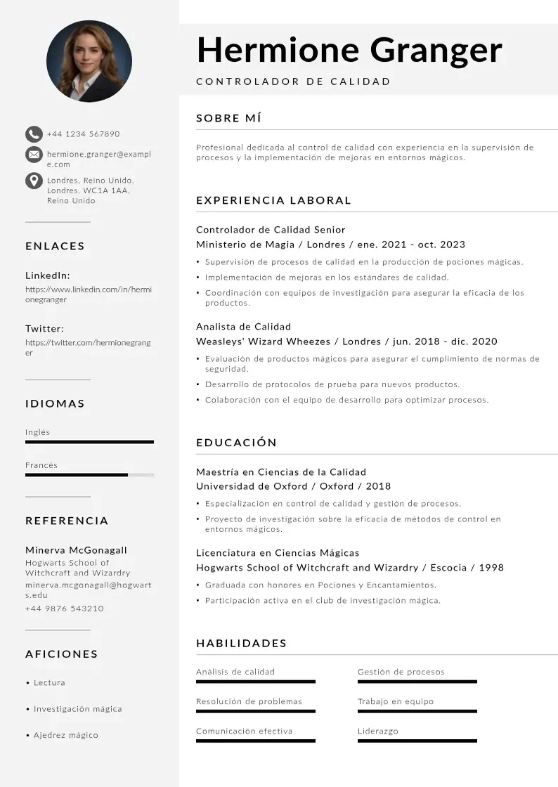two column cv-controlador-de-calidad resume example