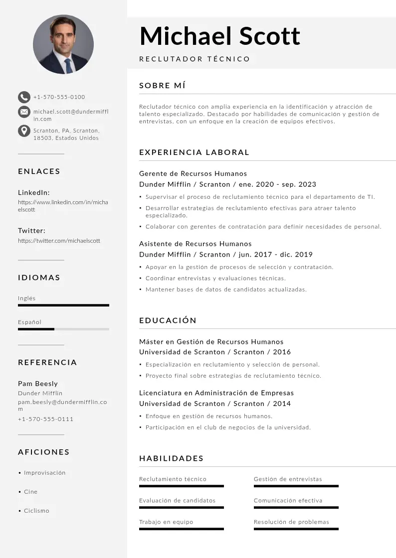 two column cv-reclutador-tecnico resume example