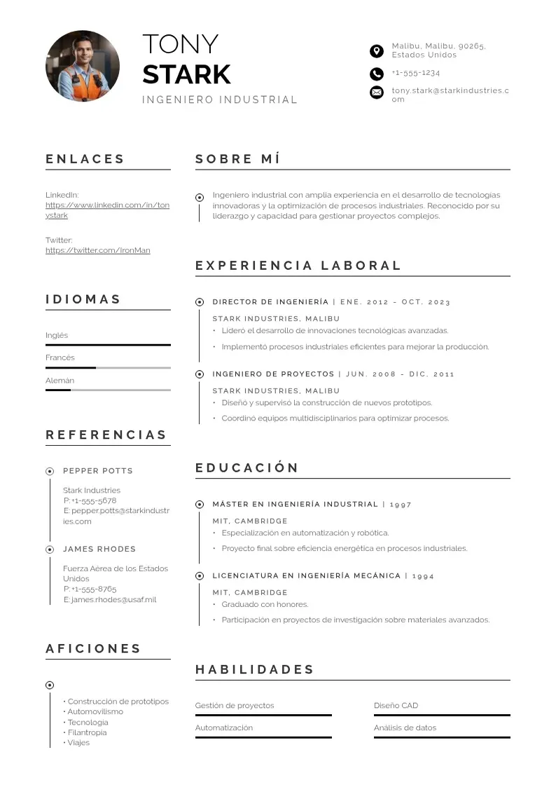two column cv-ingeniero-industrial resume example