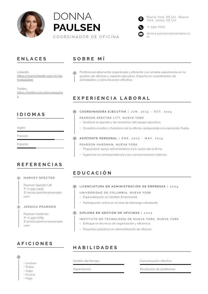 two column coordinador-de-oficina resume example