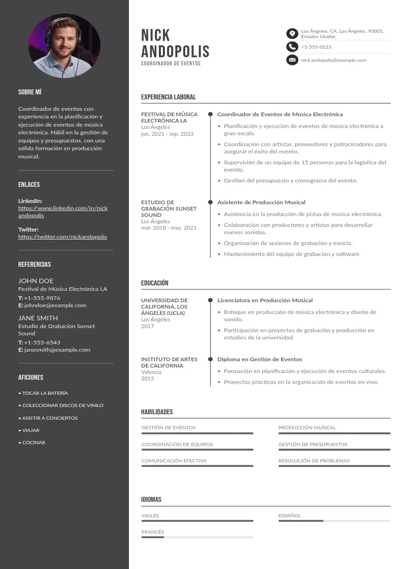 two column coordinadora-de-eventos-de-musica-electronica resume example