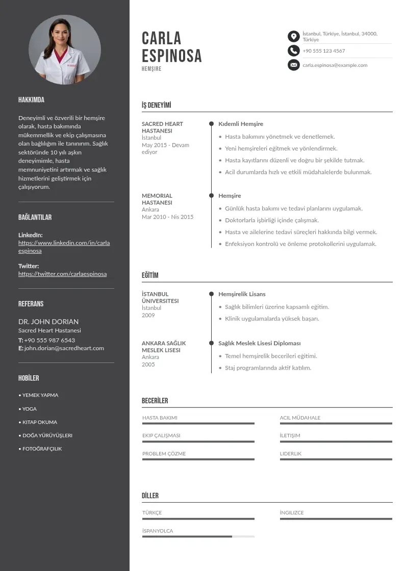 Divu kolonnu Hemsire CV piemērs