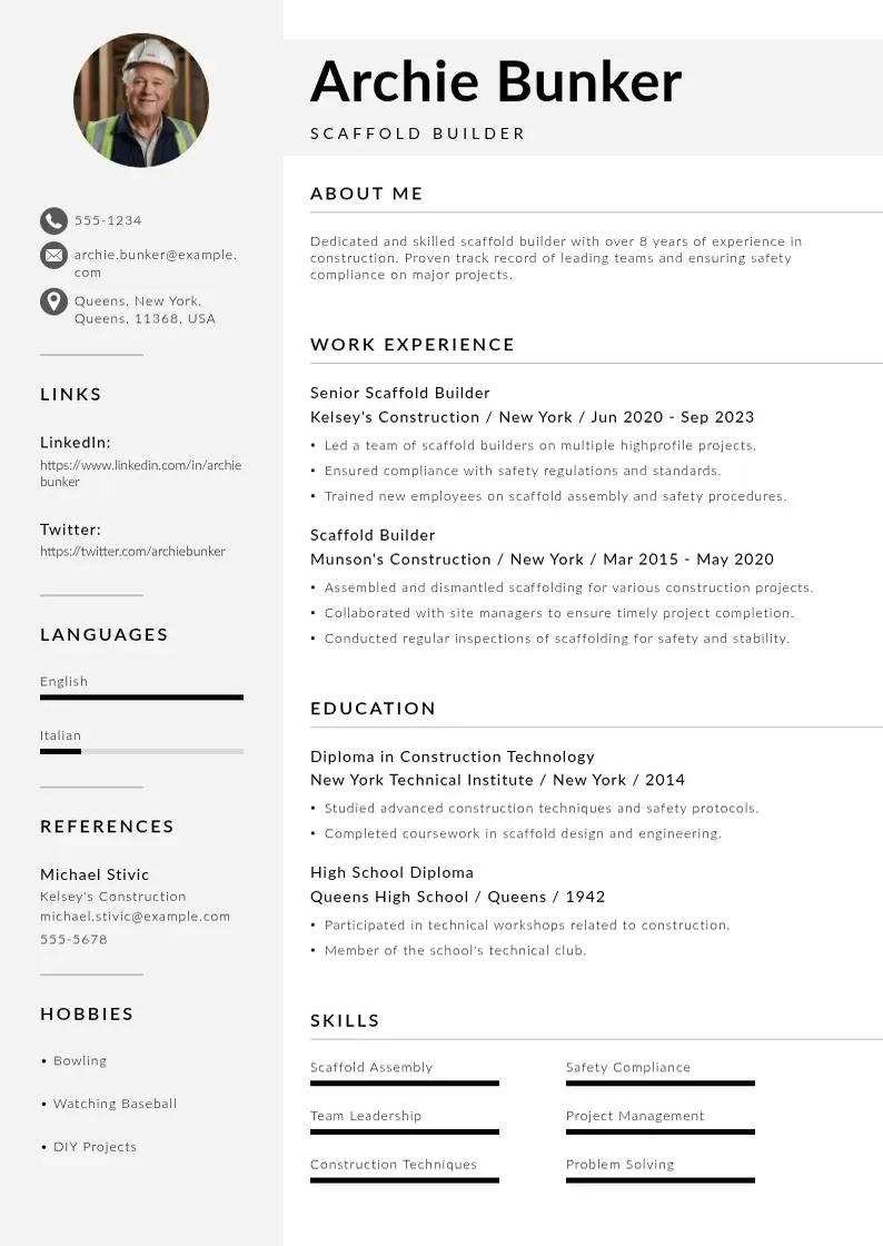 modern Scaffold builder resume resume template