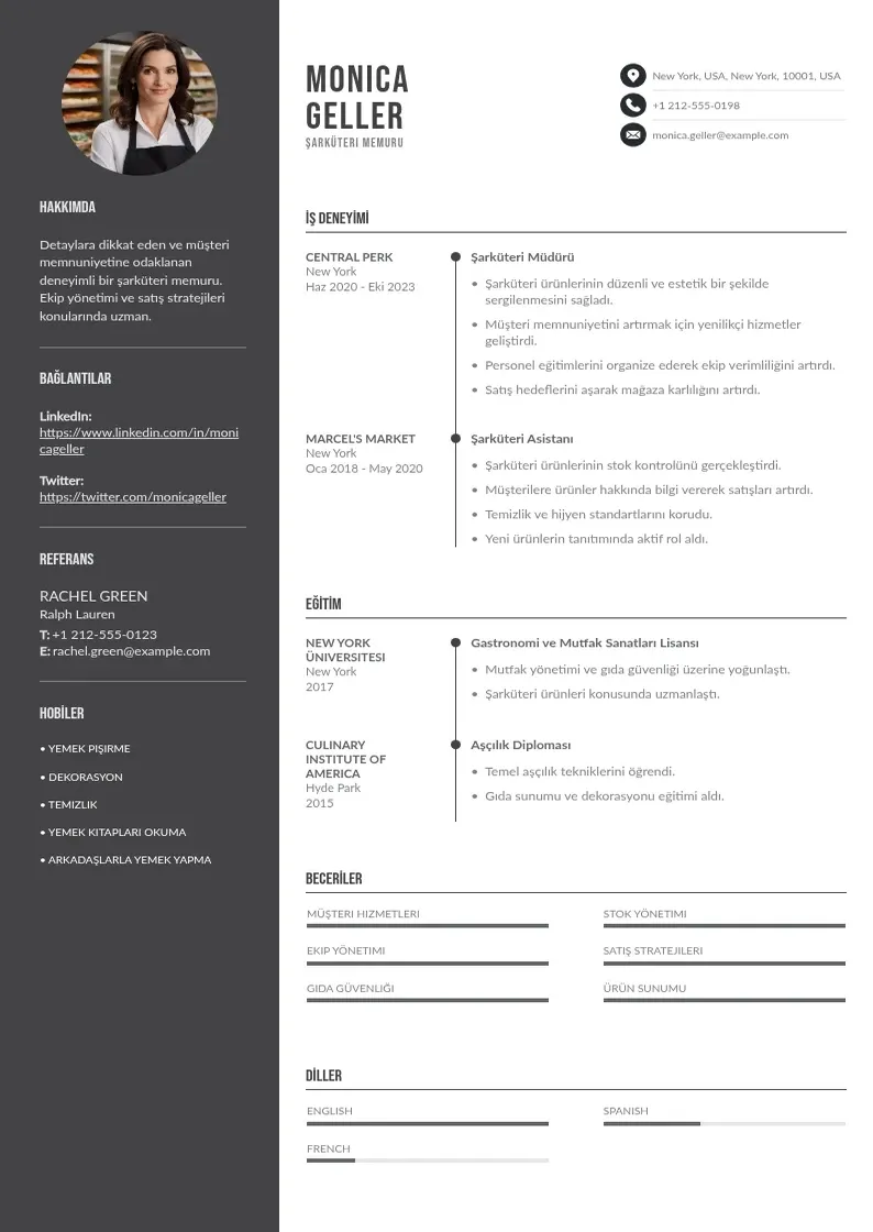 Divu kolonnu Şarküteri Memuru  CV piemērs