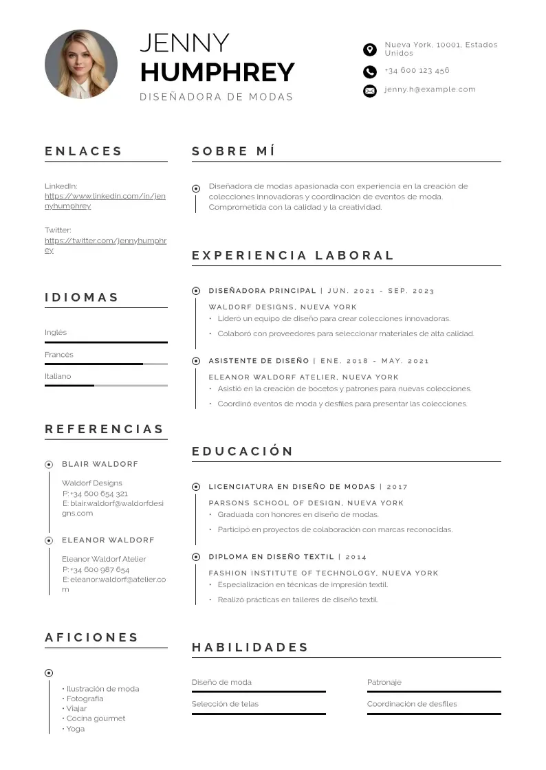 two column disenador-de-modas resume example