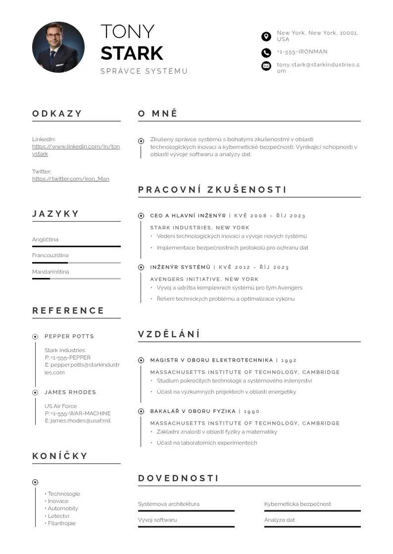 Profesionāla Spravce systemu zivotopis CV veidne