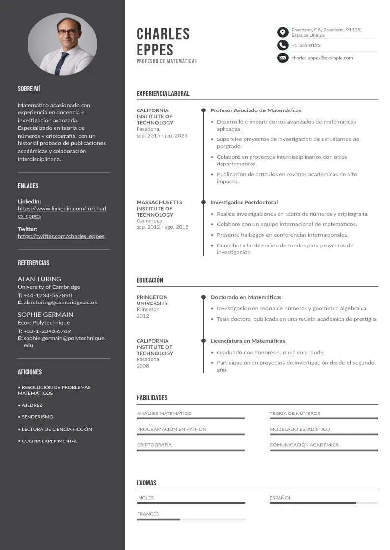two column cv-profesor-de-matematicas resume example