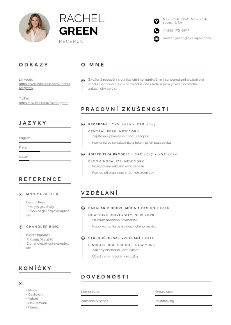 Profesionāla Recepcni na recepci zivotopis CV veidne