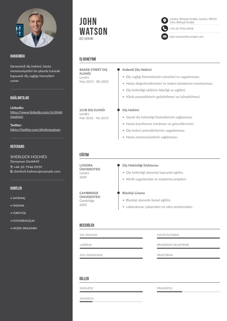 Divu kolonnu Dis hekimi CV piemērs