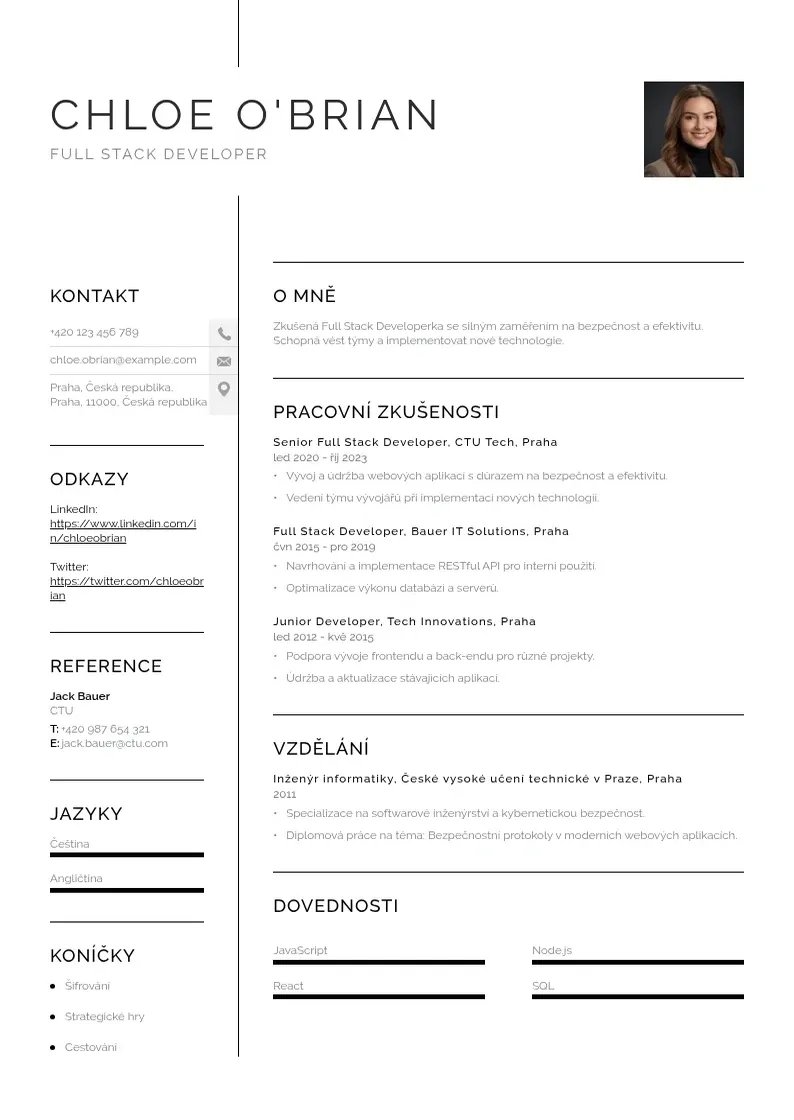 Vienkārša Full stack developer zivotopis CV piemērs