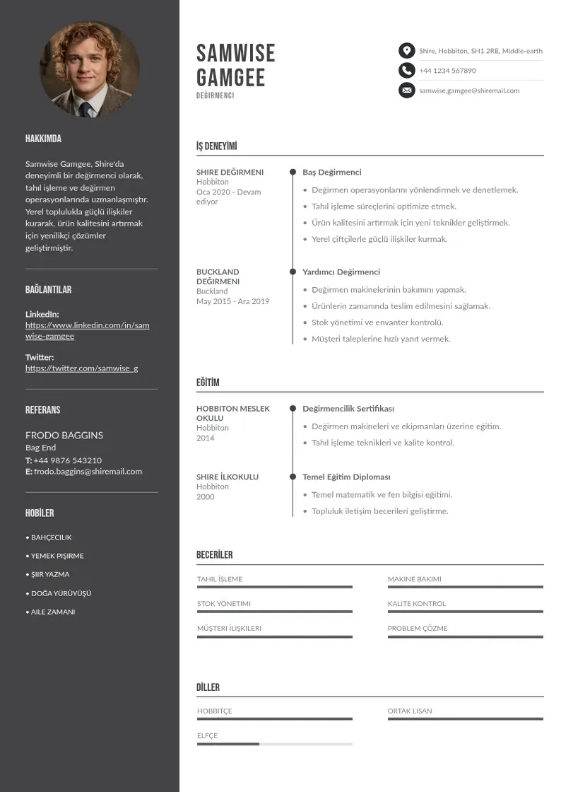 Divu kolonnu Değirmenci  CV piemērs