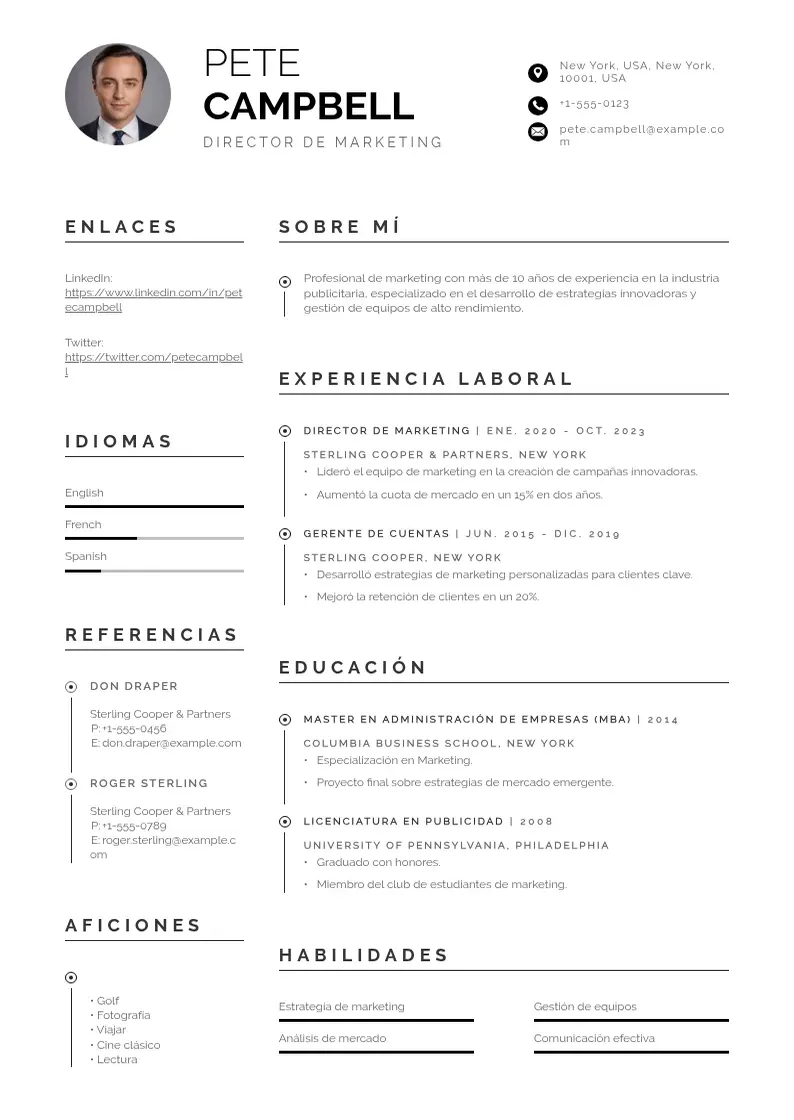 two column cv-director-de-marketing resume example