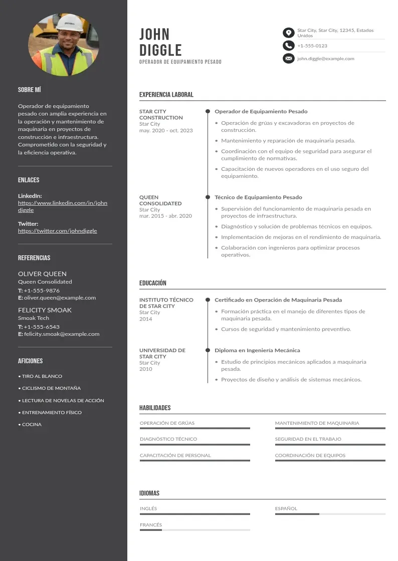 two column cv-operador-de-equipamiento-pesado resume example