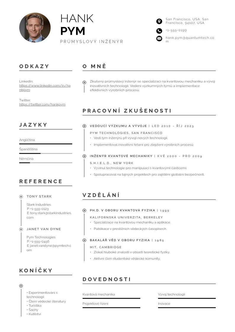 Profesionāla Prumyslovy inzenyr zivotopis CV veidne