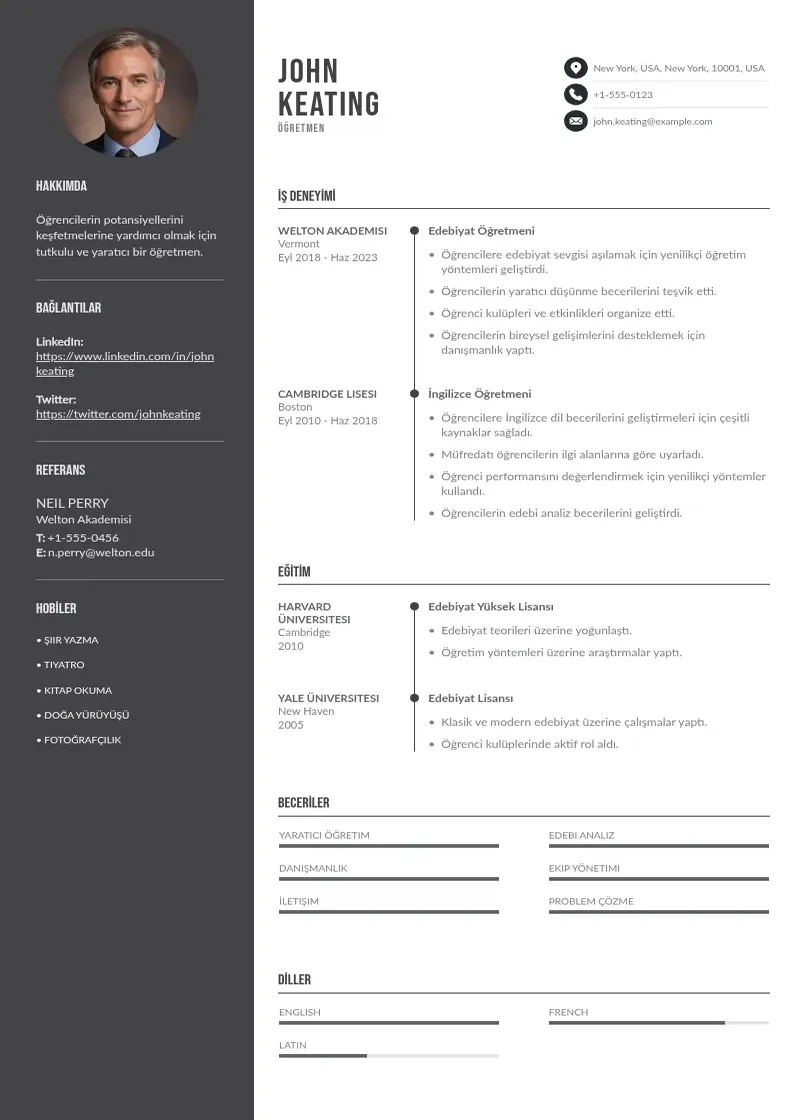 Divu kolonnu Ogretmen CV piemērs
