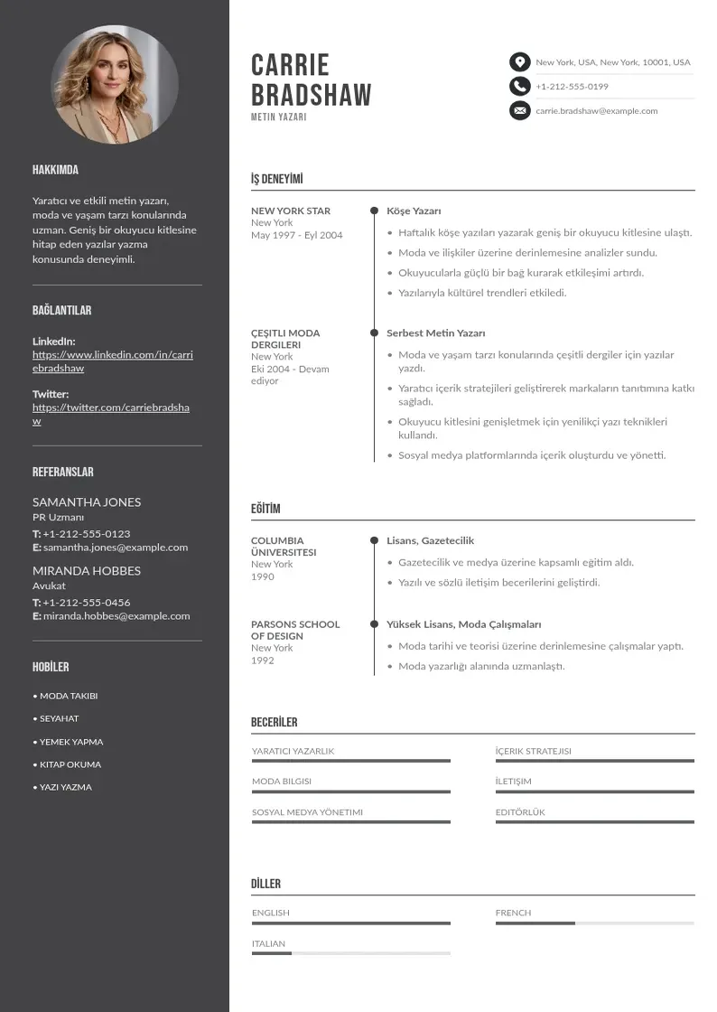 Divu kolonnu Metin yazari CV piemērs