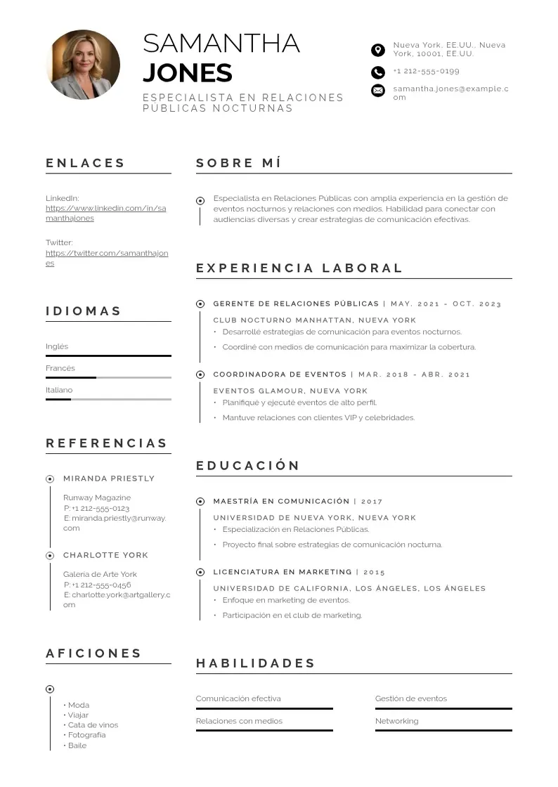 two column especialista-en-relaciones-publicas-nocturnas resume example