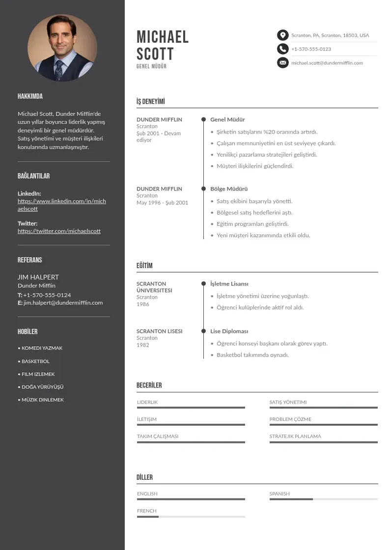 Divu kolonnu Genel Müdür  CV piemērs