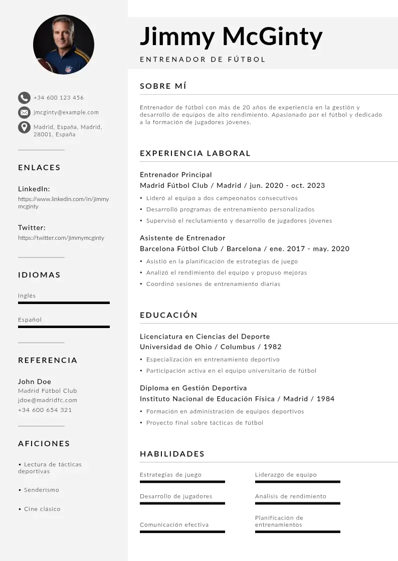 two column cv-entrenador-de-futbol resume example