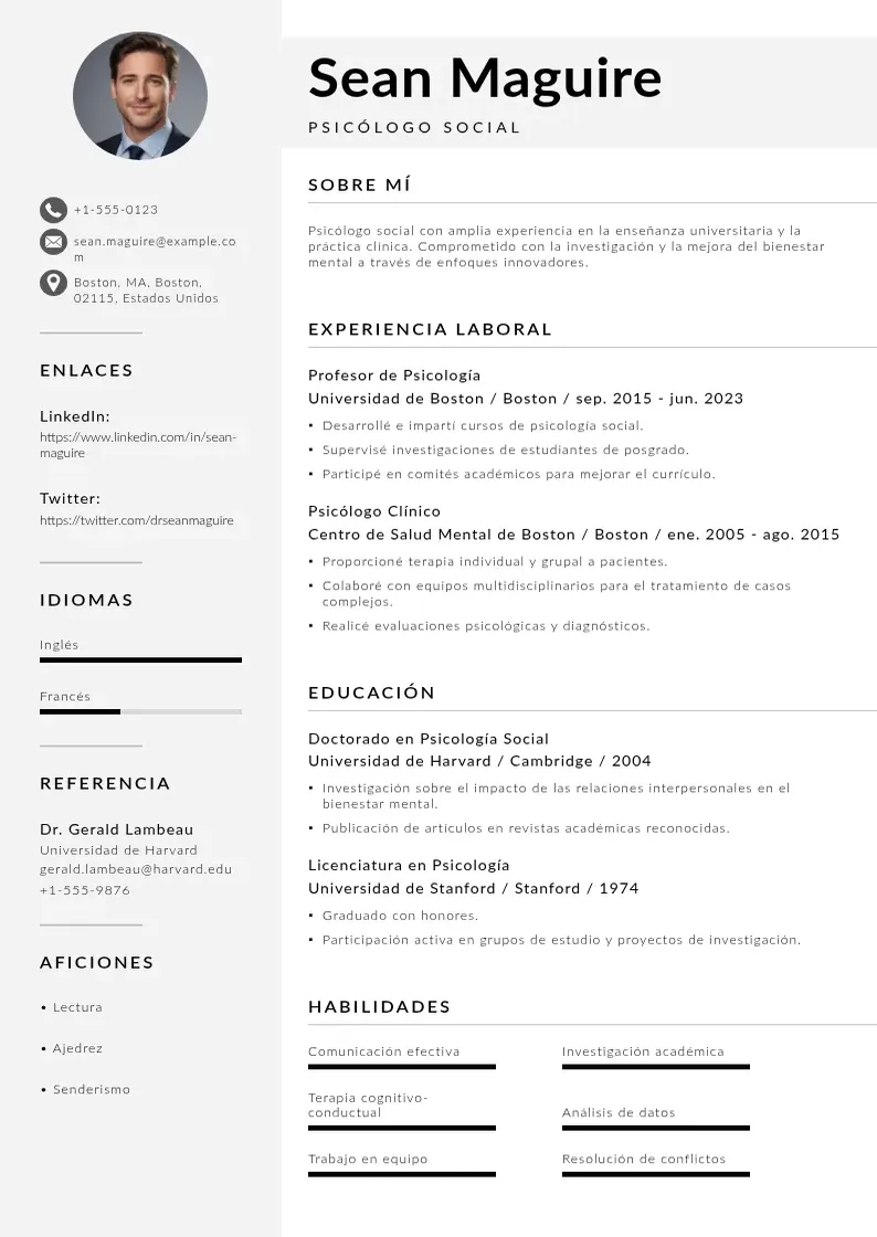 two column psicologoa-social resume example