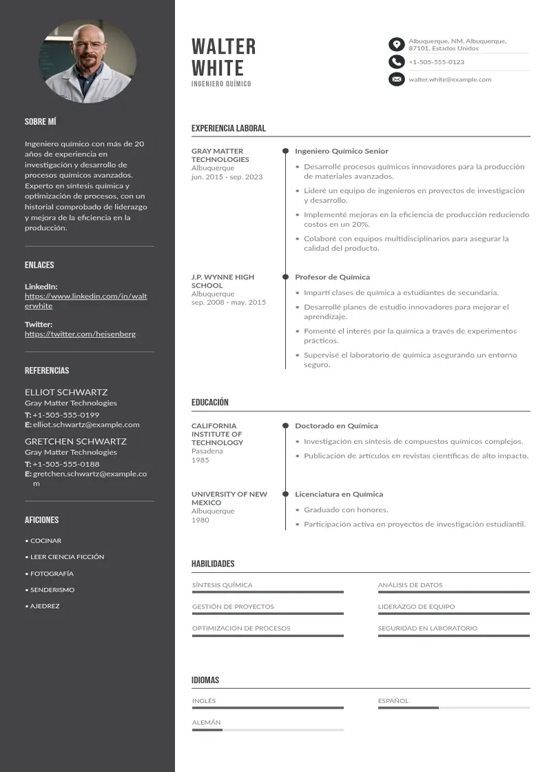two column curriculum-de-ingeniero-quimico resume example