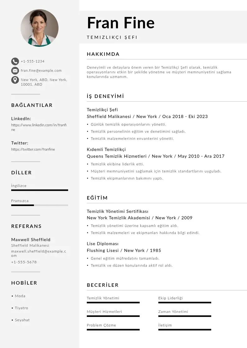 Mūsdienīga Temizlikçi Şefi  CV veidne