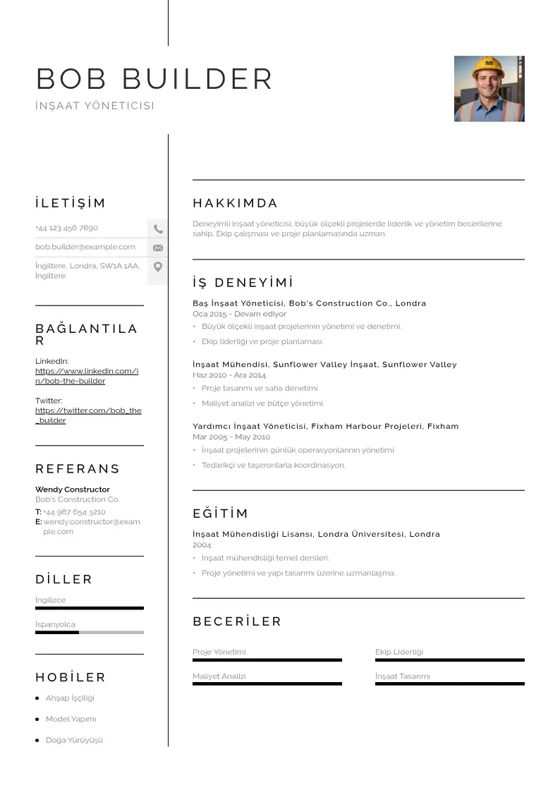 Vienkārša İnşaat yöneticisi  CV piemērs