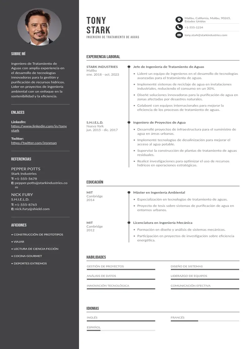 two column ingeniero-de-tratamiento-de-aguas resume example
