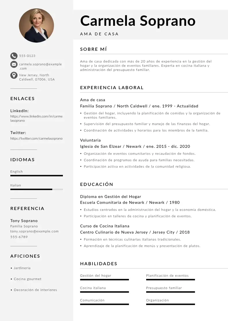 two column cv-ama-de-casa resume example