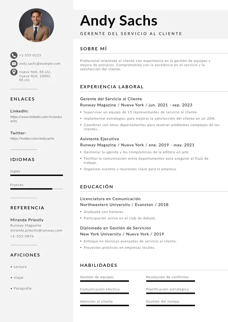 two column cv-gerente-del-servicio-al-cliente resume example