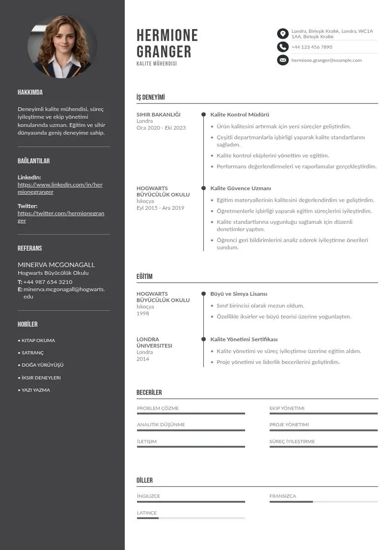 Divu kolonnu kalite Mühendisi  CV piemērs