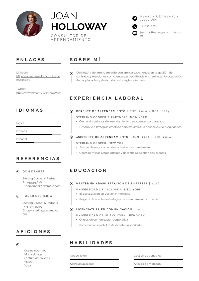 two column cv-consultor-de-arrendamiento resume example