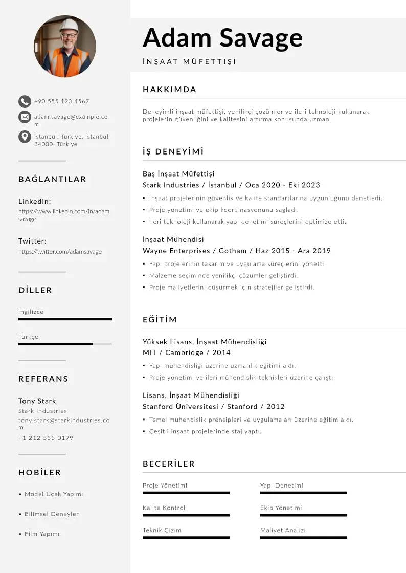 Mūsdienīga İnşaat müfettişi  CV veidne