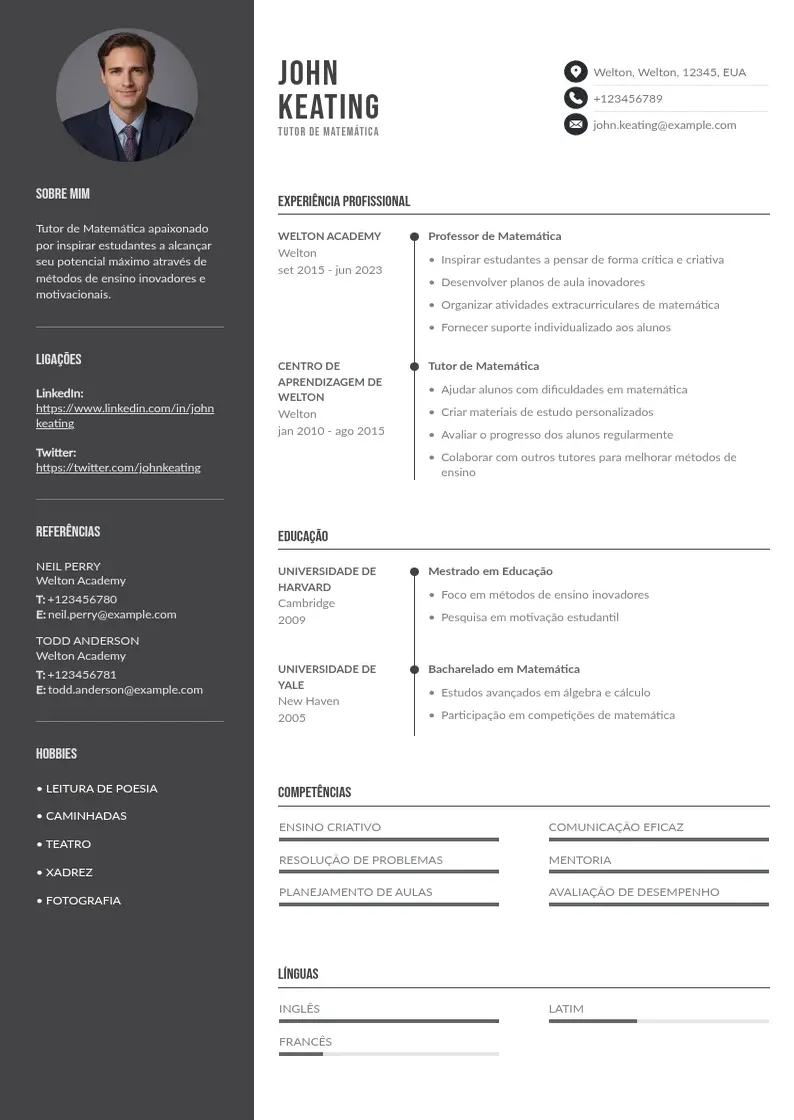 Exemplo de currículo de De tutor de matematica em duas colunas