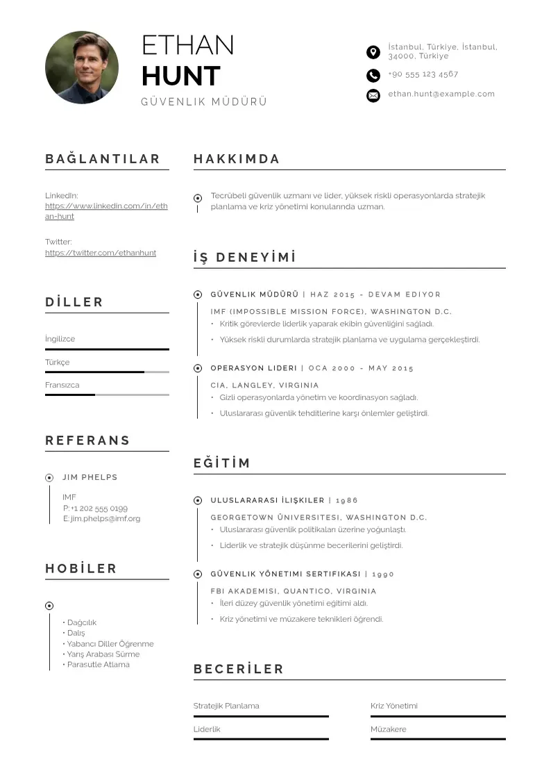 Profesionāla Güvenlik Müdürü  CV veidne