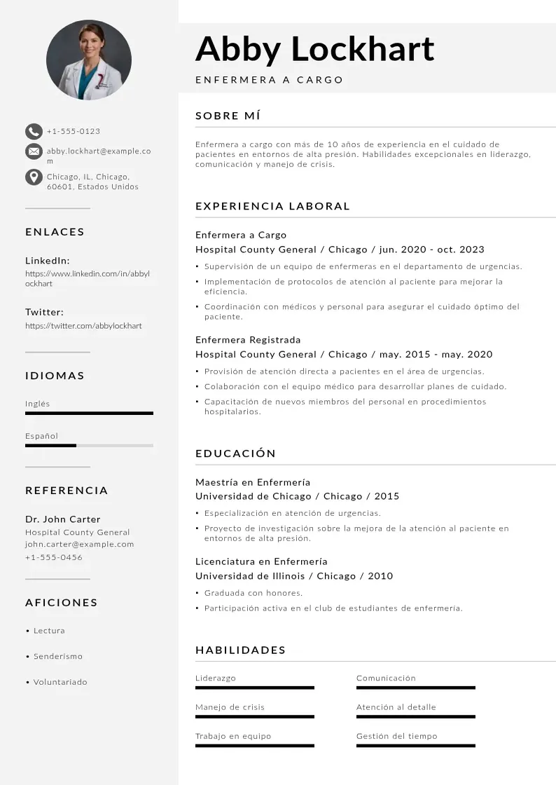 two column cv-enfermera-a-cargo resume example