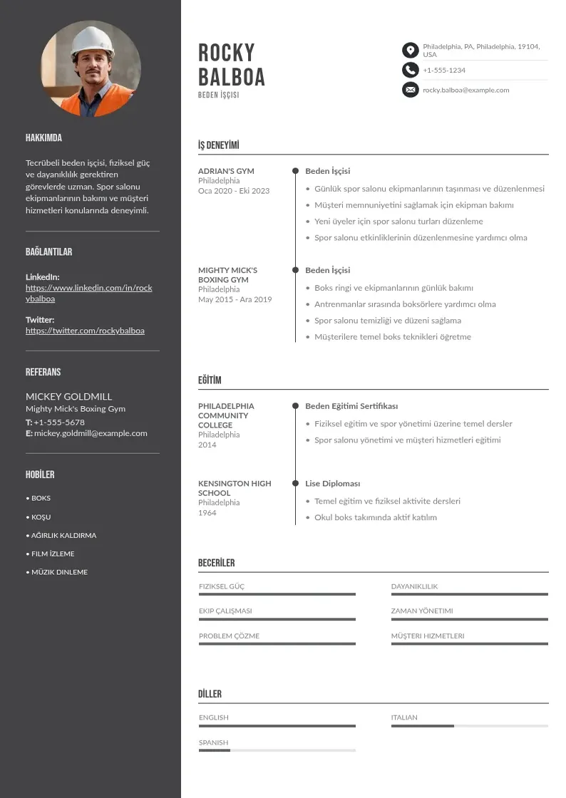 Divu kolonnu Beden İşçisi  CV piemērs