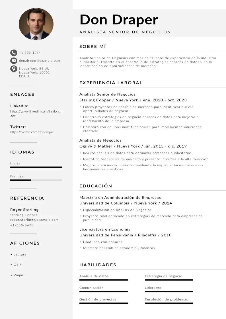 two column cv-analista-senior-de-negocios resume example