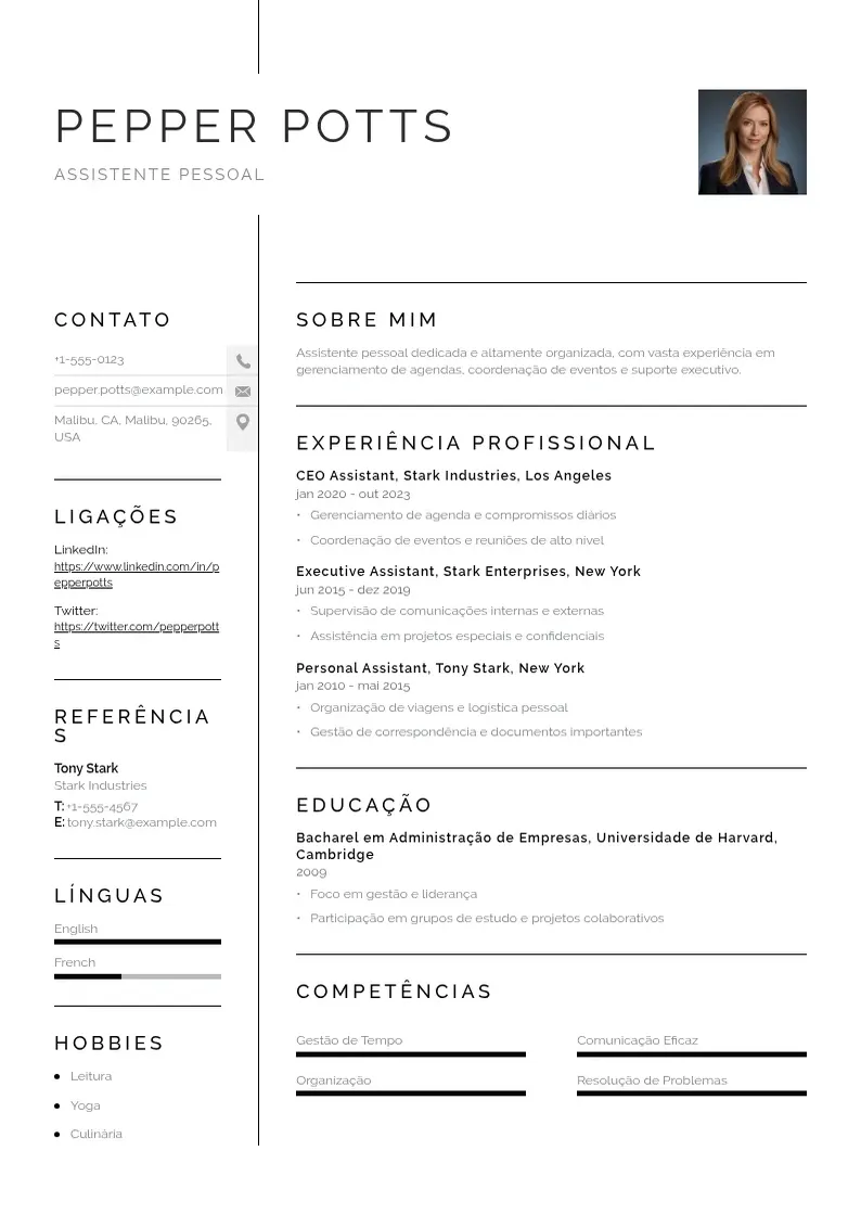Exemplo de currículo simples de De assistente pessoal