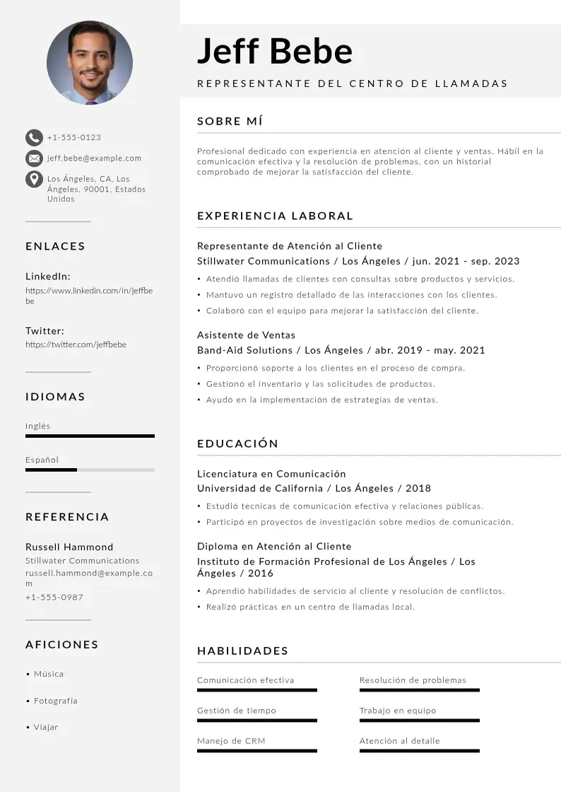 two column cv-representante-del-centro-de-llamadas resume example