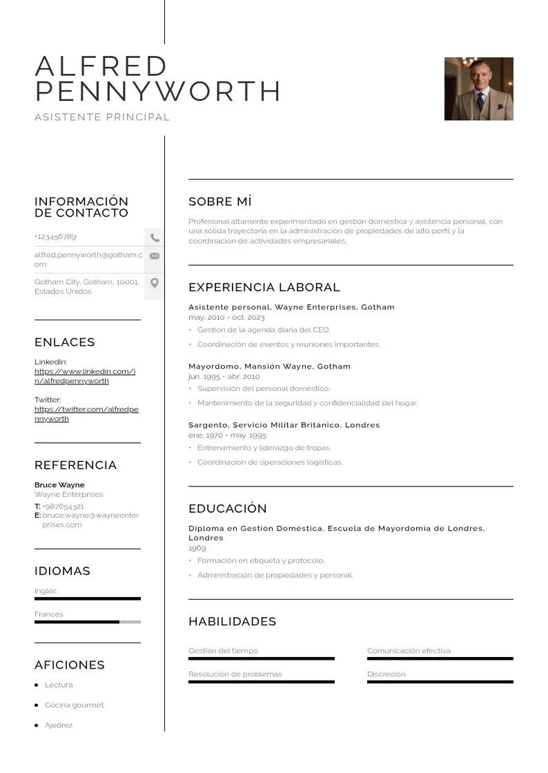 two column asistente-principal resume example