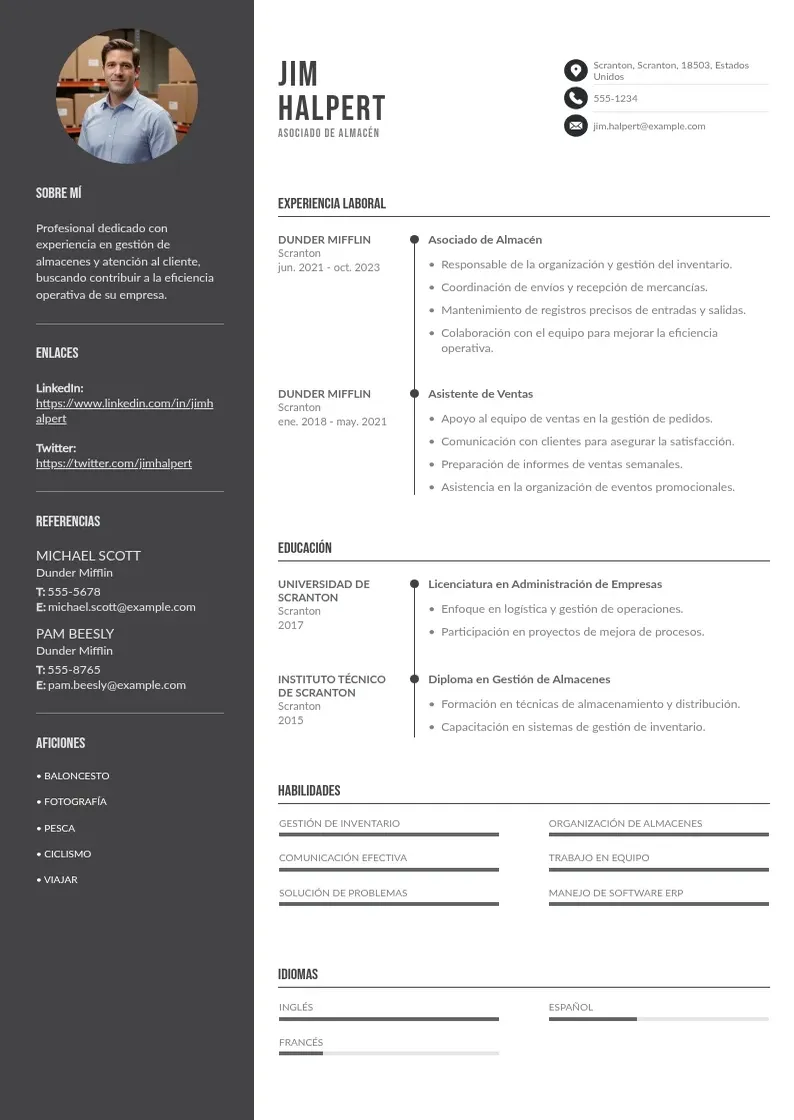 two column cv-asociado-de-almacen resume example