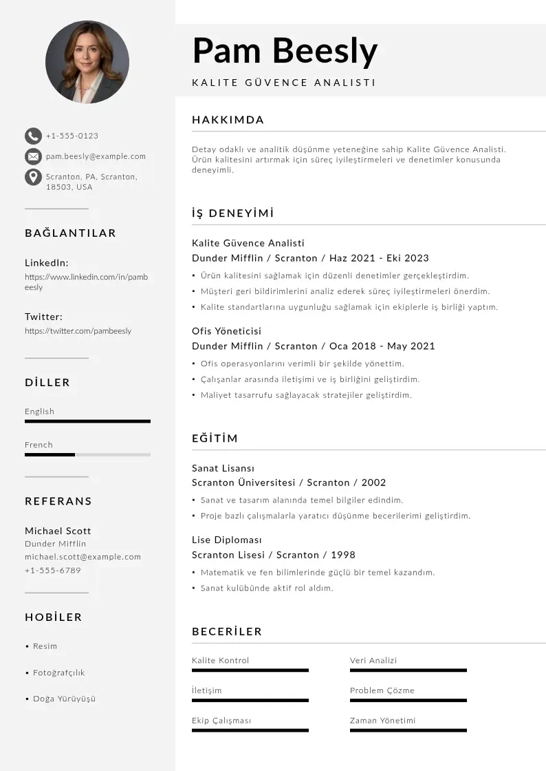 Mūsdienīga Kalite Güvence Analisti  CV veidne