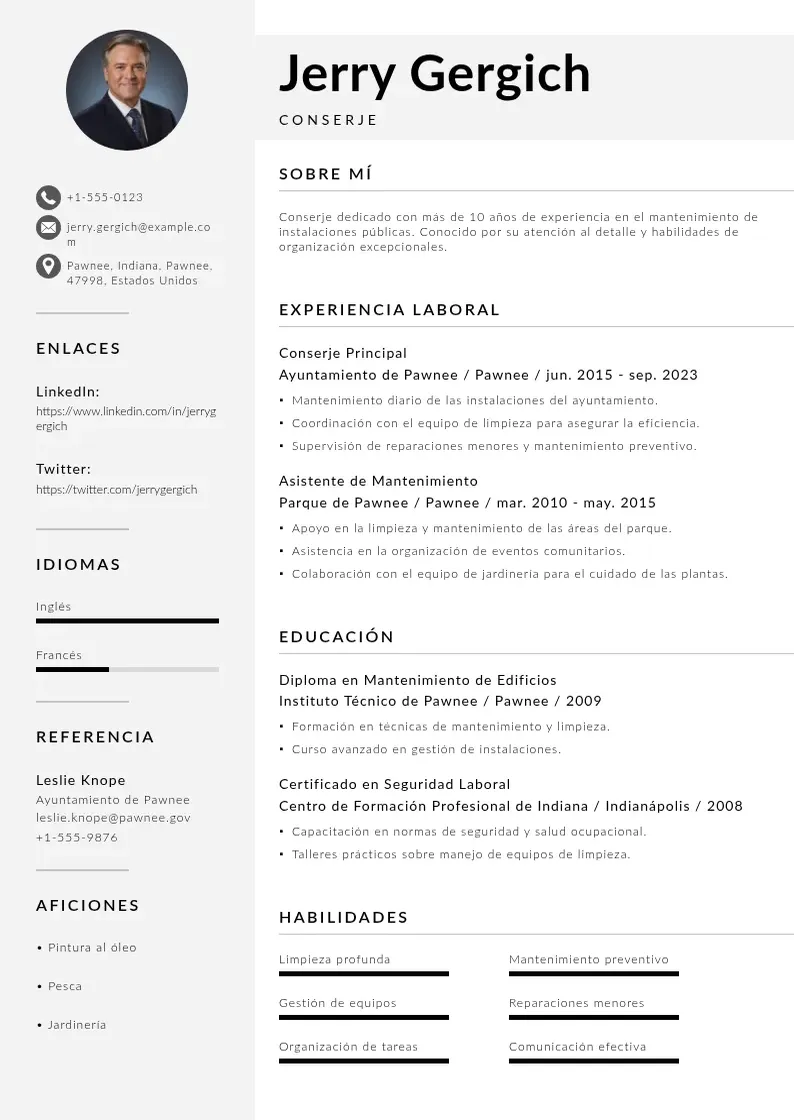 two column cv-conserje resume example