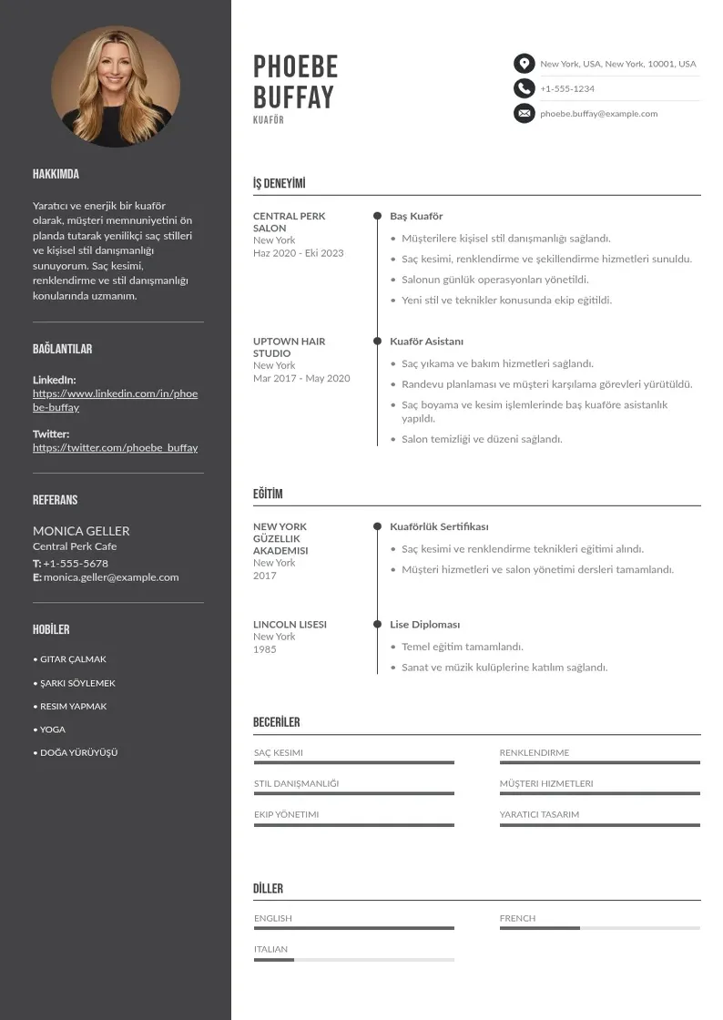 Divu kolonnu Kuafor CV piemērs