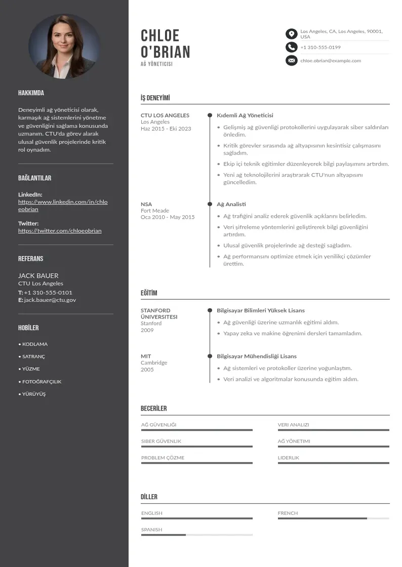 Divu kolonnu Ağ yöneticisi  CV piemērs