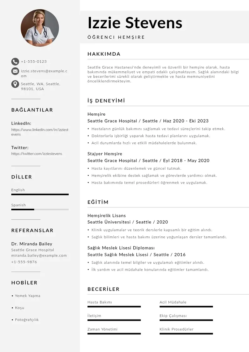 Mūsdienīga Ogrenci hemsire ozgecmis CV veidne